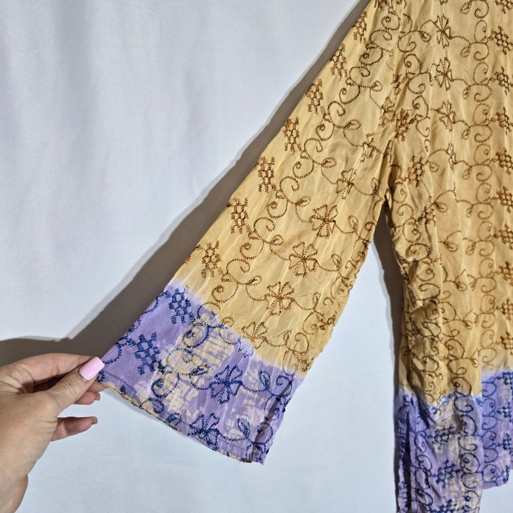 Speed Limit NYC Womens 3X Silk Tunic Top Yellow Purple Embroidered Sequin Boho - Picture 5 of 12